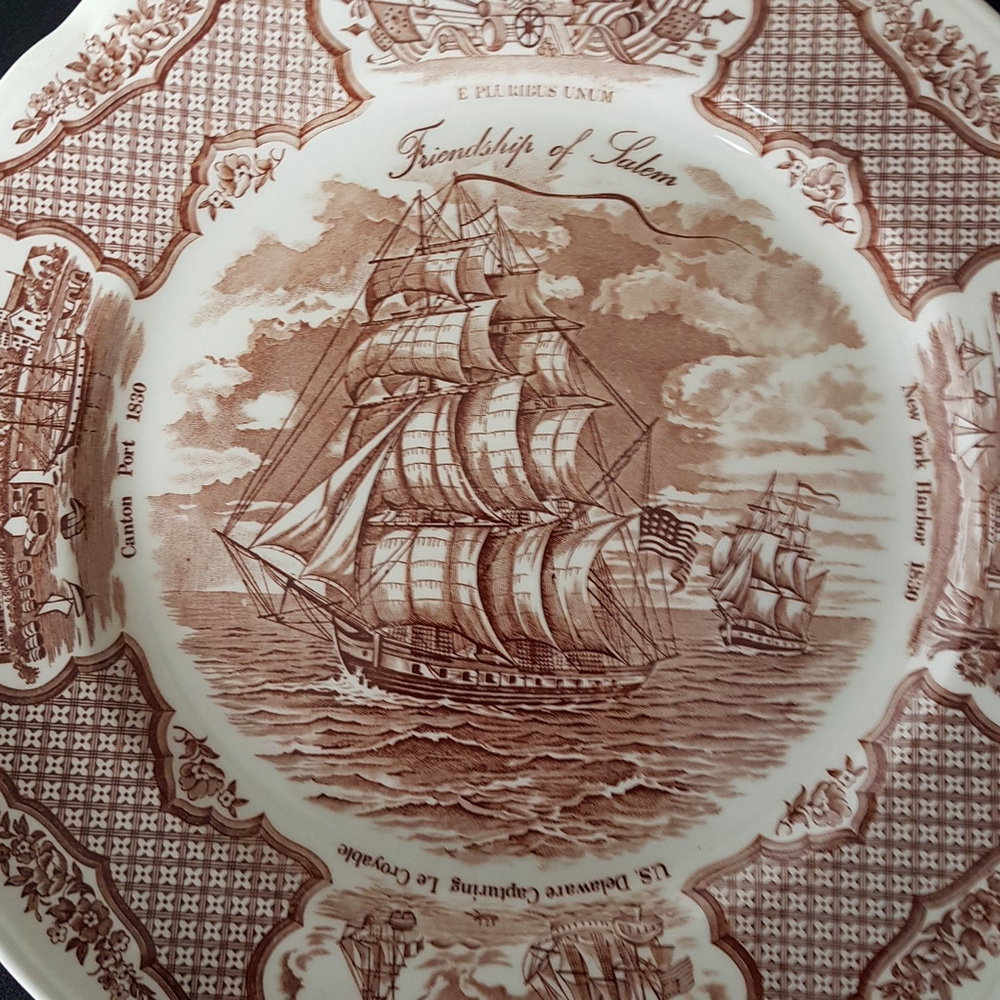 2pc Alfred Meakin Fair Winds Dinner Plates Brown Transferware, Historical Ship